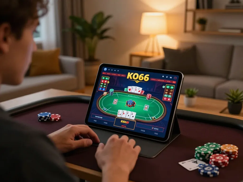 Khoảnh khắc thú vị của một game thủ khám phá ứng dụng KO66 để tìm hiểu chiến lược poker trong một không gian ấm cúng.