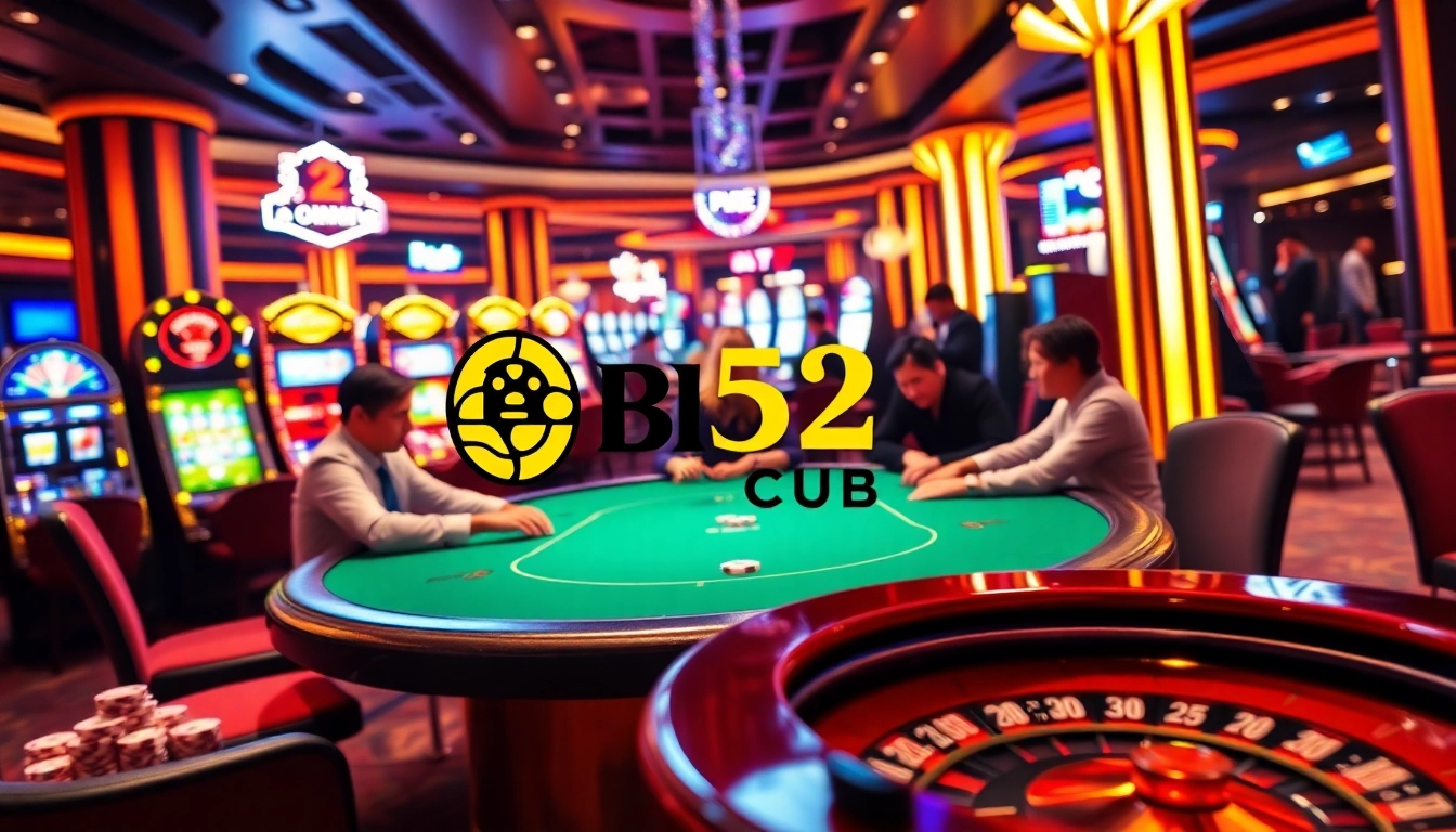 Engage with B52 CLUB players at a lively poker table in a vibrant casino.