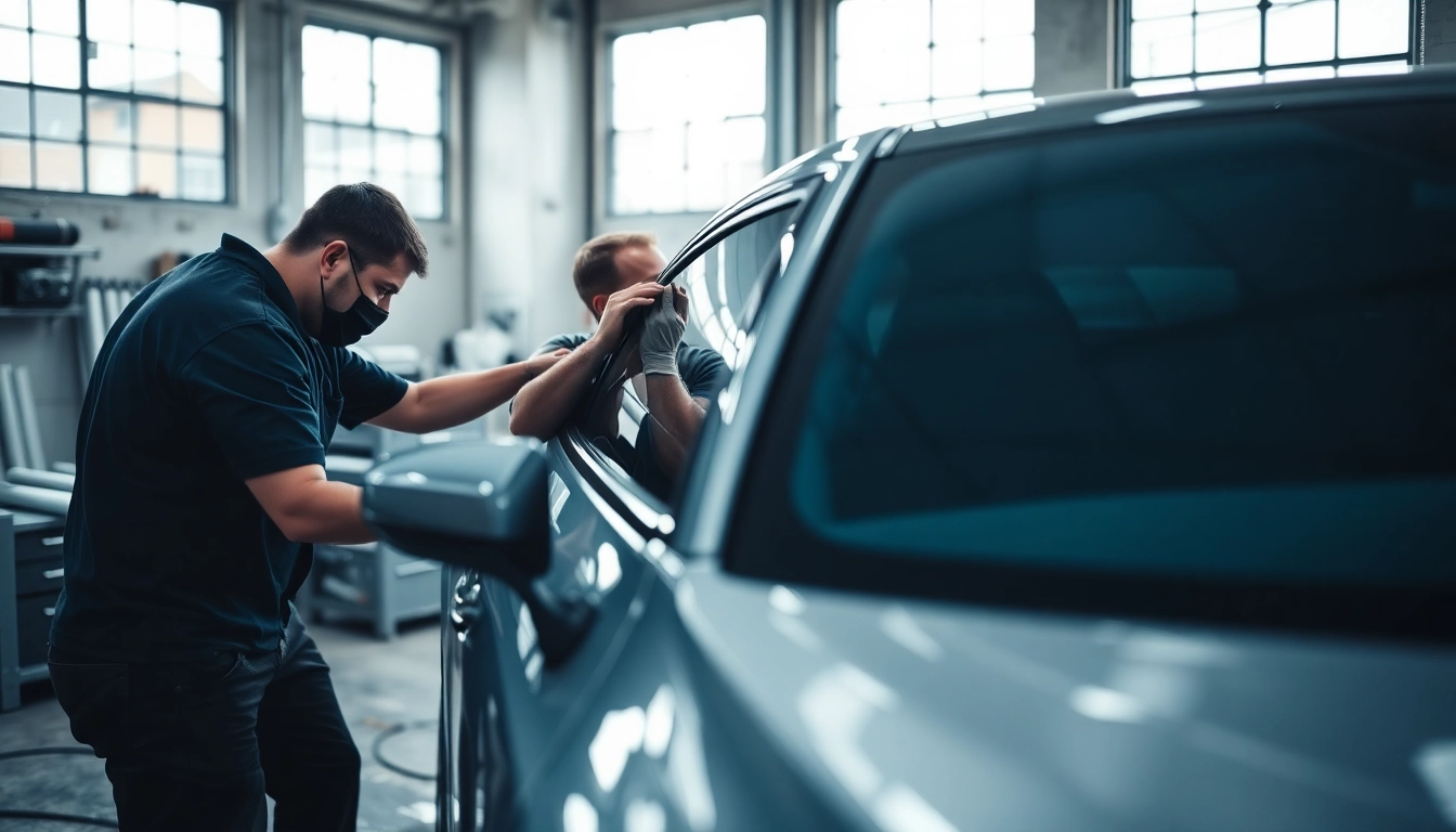 Auto window tint near me installation demonstration in a modern workshop setting.