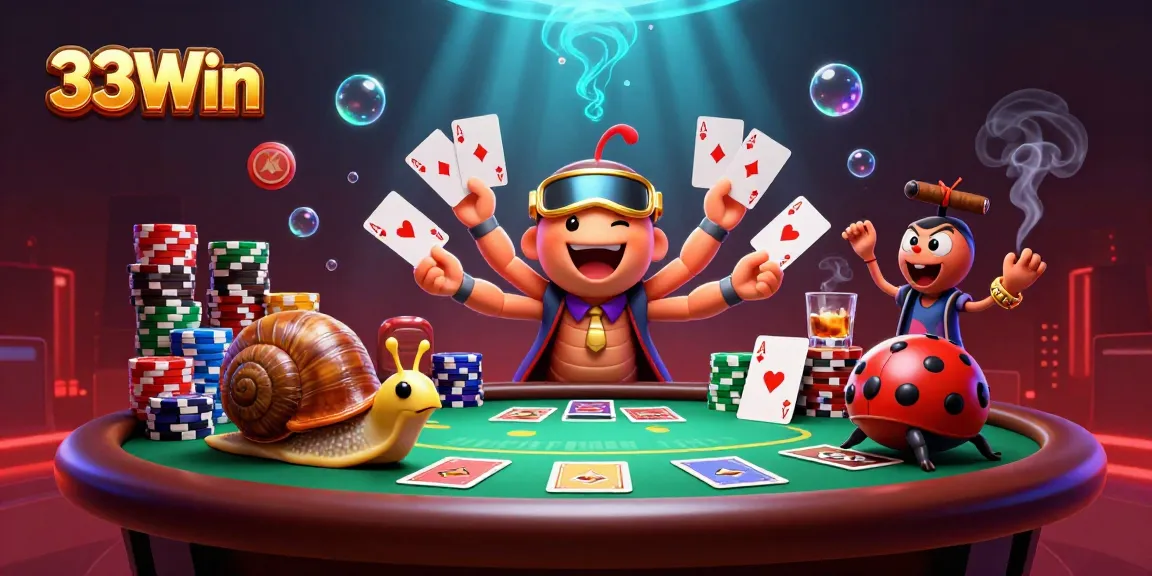 33Win captures a vibrant casino scene with animated characters at a lively poker table.
