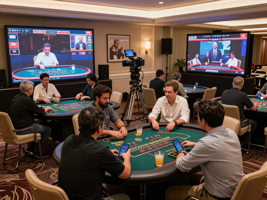 Engaged players at Da88 live dealer casino, interactive gaming atmosphere, warm luxurious environment.