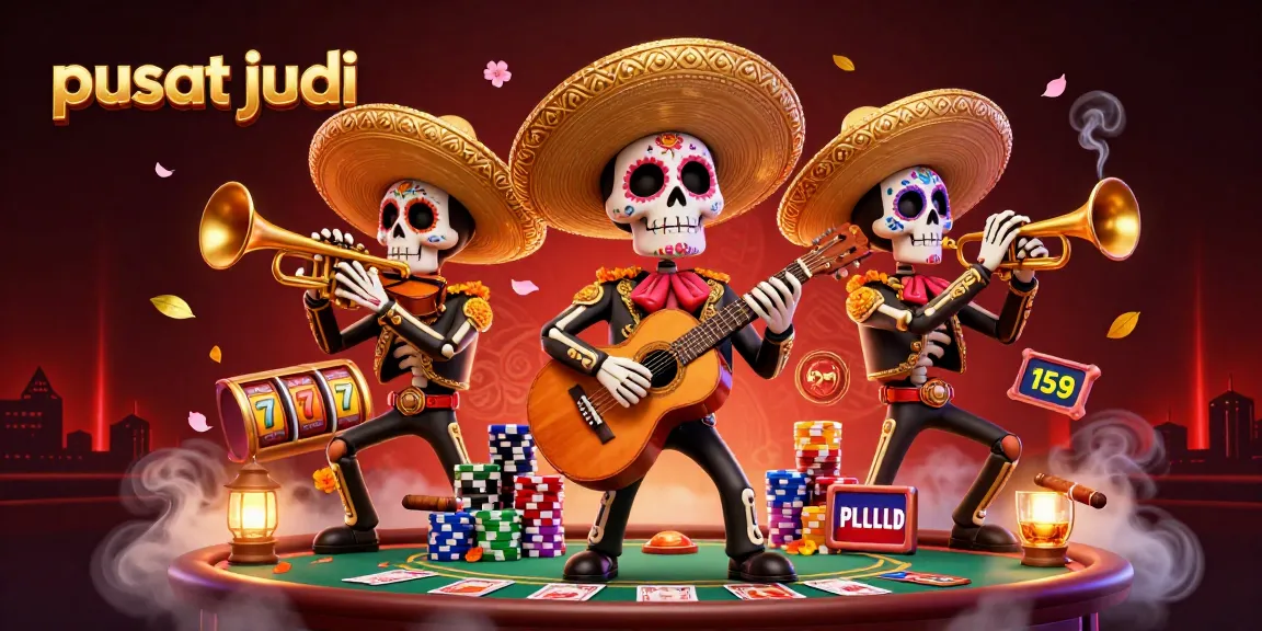 Pusat judi dengan slot, jackpot, dan band mariachi meriah dalam ilustrasi 3D yang penuh warna.