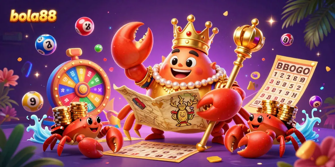 Bola88 engages players with dynamic lottery elements, a golden crab, and vibrant casino imagery.