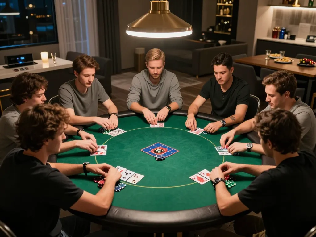 Players engaging in strategic play at a home poker night, evoking the essence of hit club camaraderie.