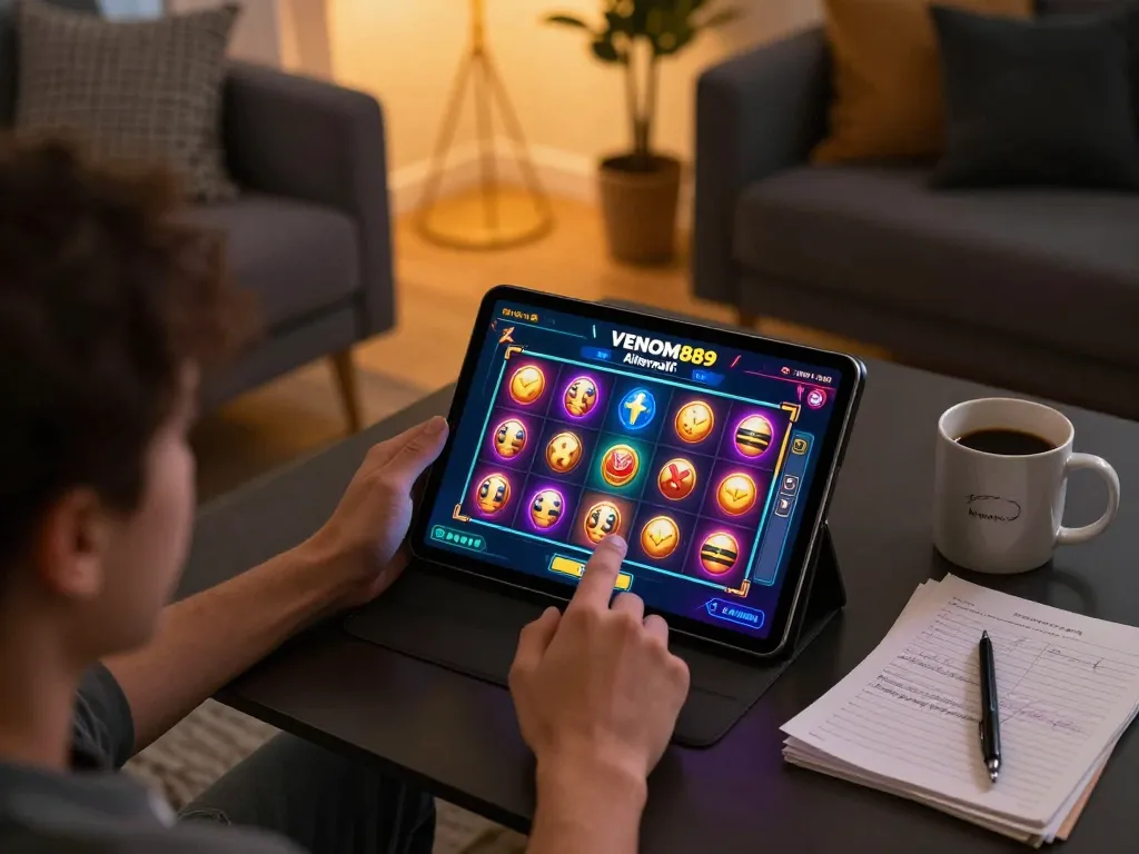 Play online with VENOM889 Alternatif, featuring an engaging slot game on tablet, warm home setting.