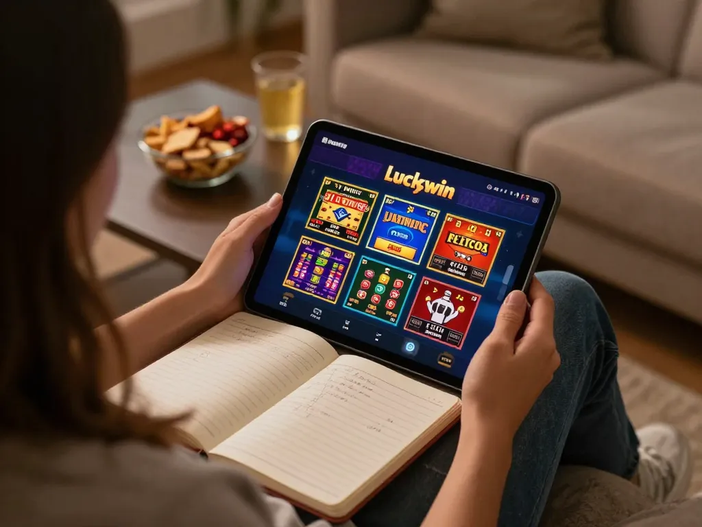 Engaged player using the luckywin casino app for online gaming on a cozy couch setup.