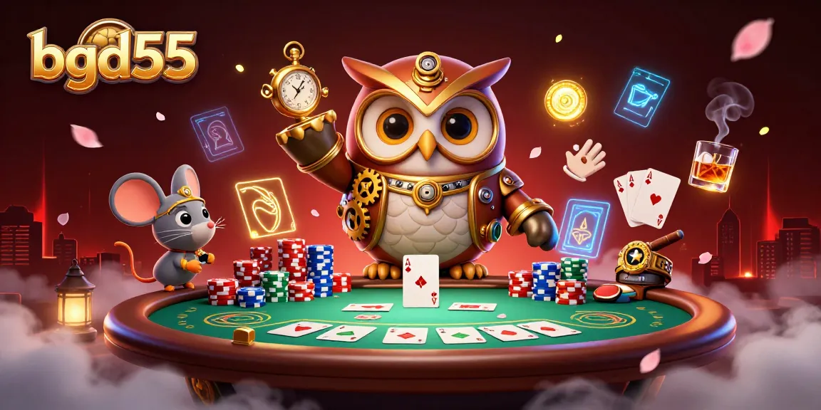 Engage with bgd55 as the time-traveler owl and clockwork mouse navigate a vibrant casino scene.
