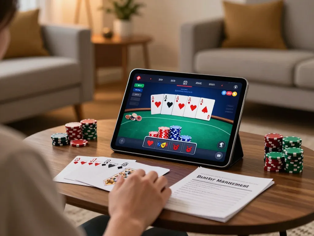 Engaging in online poker gameplay on 888vi, showcasing strategic moves and comfortable ambiance.