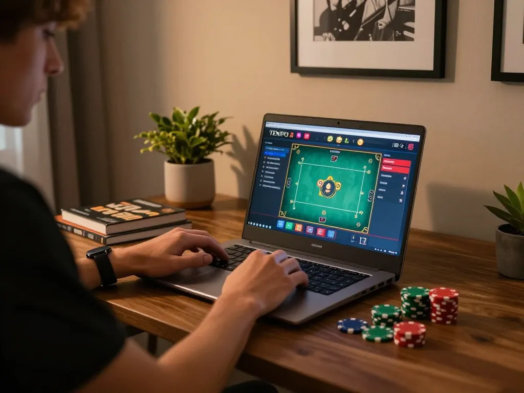 Playing Tempo123 on a laptop while engaged in responsible online gambling strategies