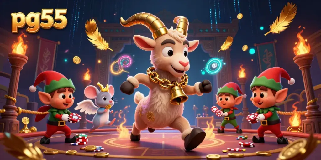 Experience thrilling action at the pg55 casino as Krampus, angel mouse, and elves engage in playful chaos.