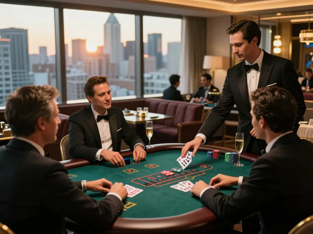 Players celebrate at a blackjack table as they create a caricature moment under warm casino lights