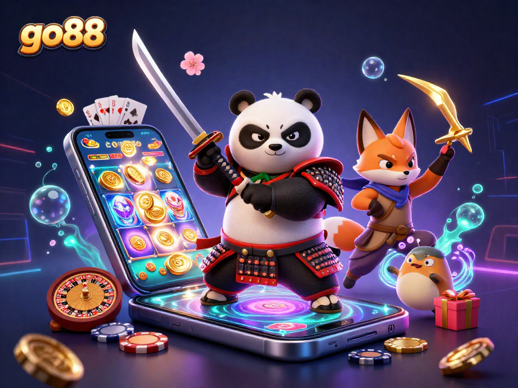 Engage with go88's exhilarating slot experience featuring a samurai panda and golden shuriken.