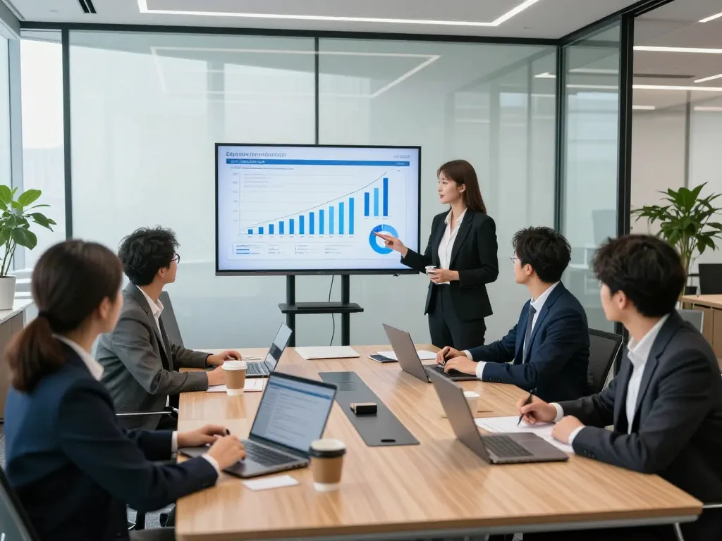 Team collaborating in a corporate meeting at https://lode884.co.com/ with data visuals and engaged discussions.