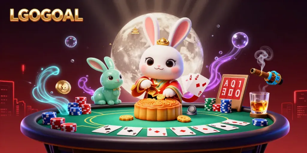 Engage in thrilling gameplay with LGOGOAL, featuring poker chips and a vibrant lunar casino atmosphere.