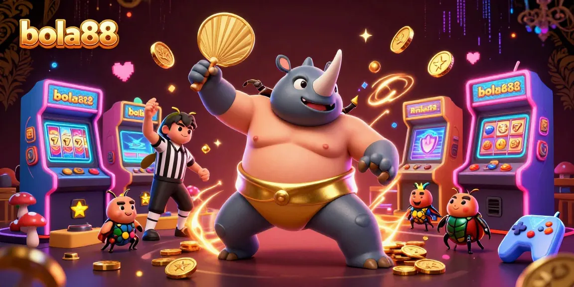Bola88 engages players with a colorful illustration of a sumo beetle champion amidst slot machines and gold coins.