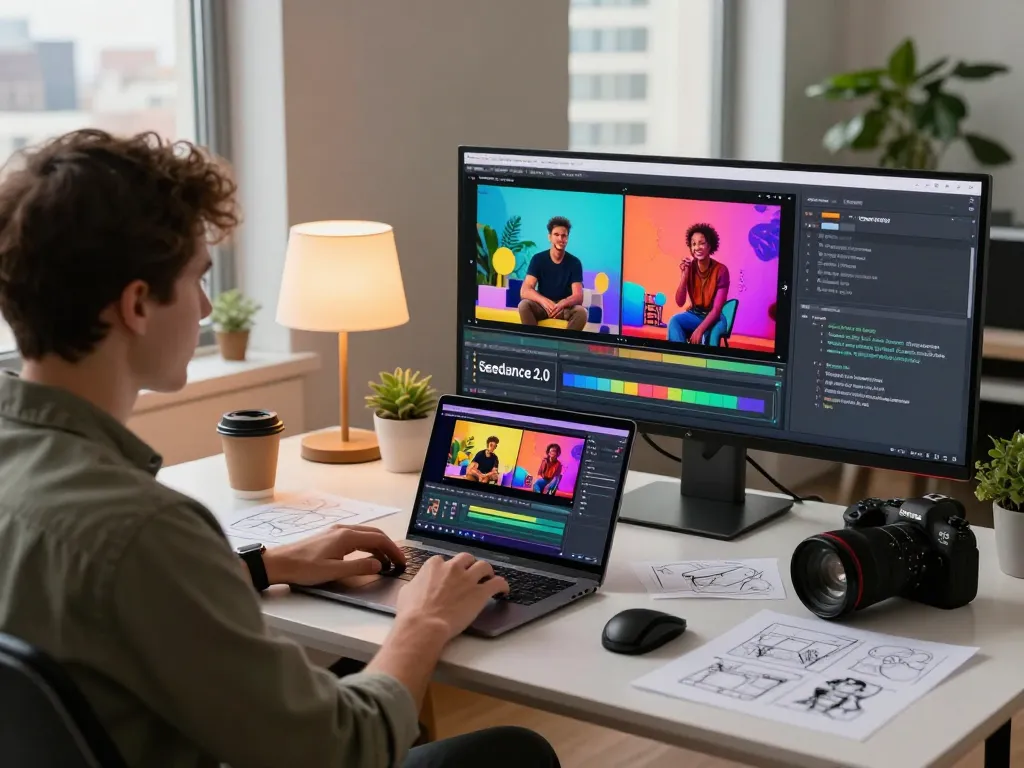 Creating dynamic videos with seedance 2.0 in a modern workspace, showcasing innovative video previews and creative storytelling.