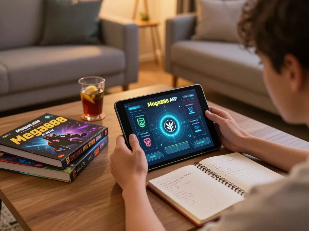 Player engaging with Mega888 APK while strategizing in a cozy home setup.
