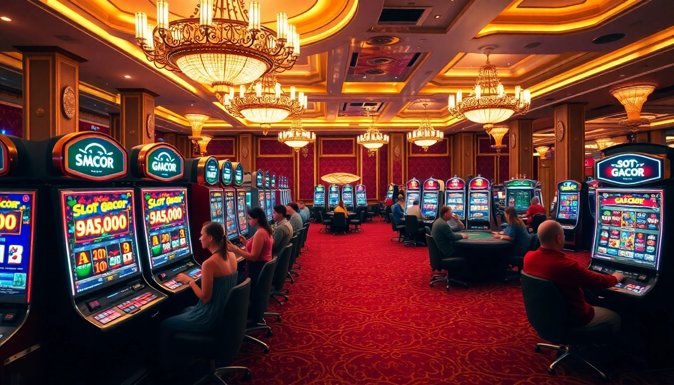 Players enjoying slot gacor games in a luxurious casino environment with vibrant slot machines.
