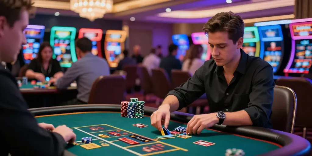 Player engaging at a credit card casino table, using a card to deposit in a vibrant setting.