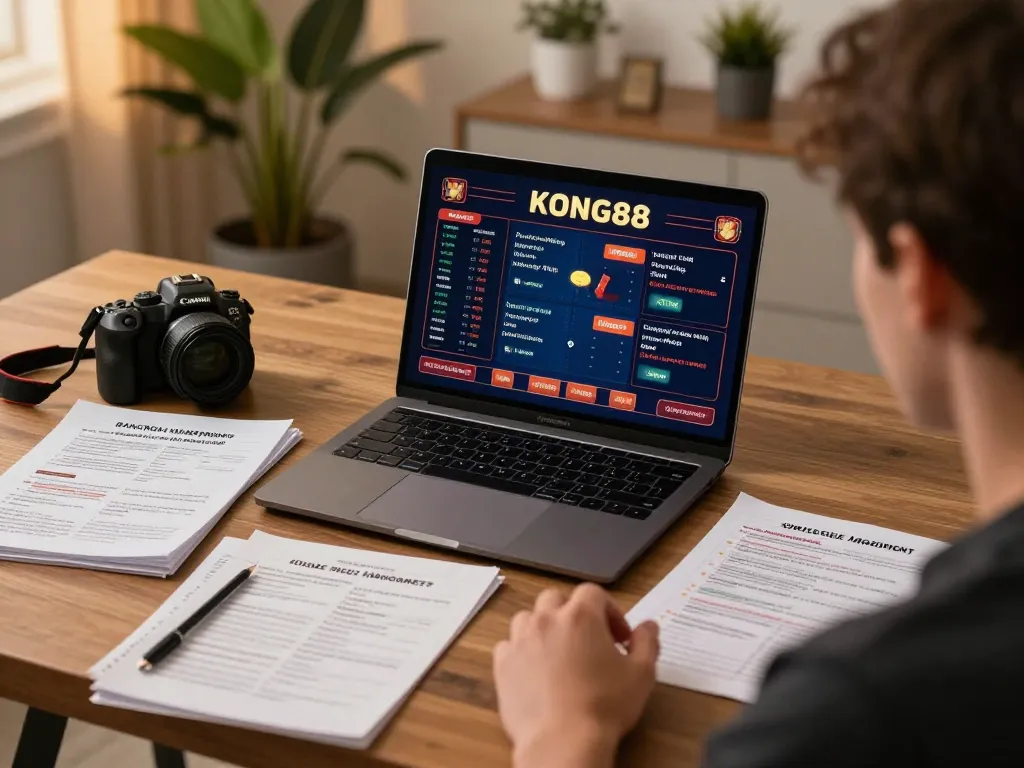 KONG88 player engaging in online gaming strategy at home, showcasing responsible gambling.
