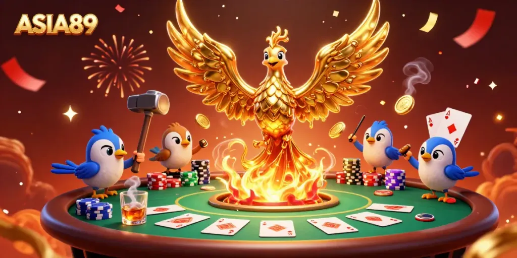 Win big with ASIA89 at a vibrant poker table featuring a molten golden phoenix and rich game elements.