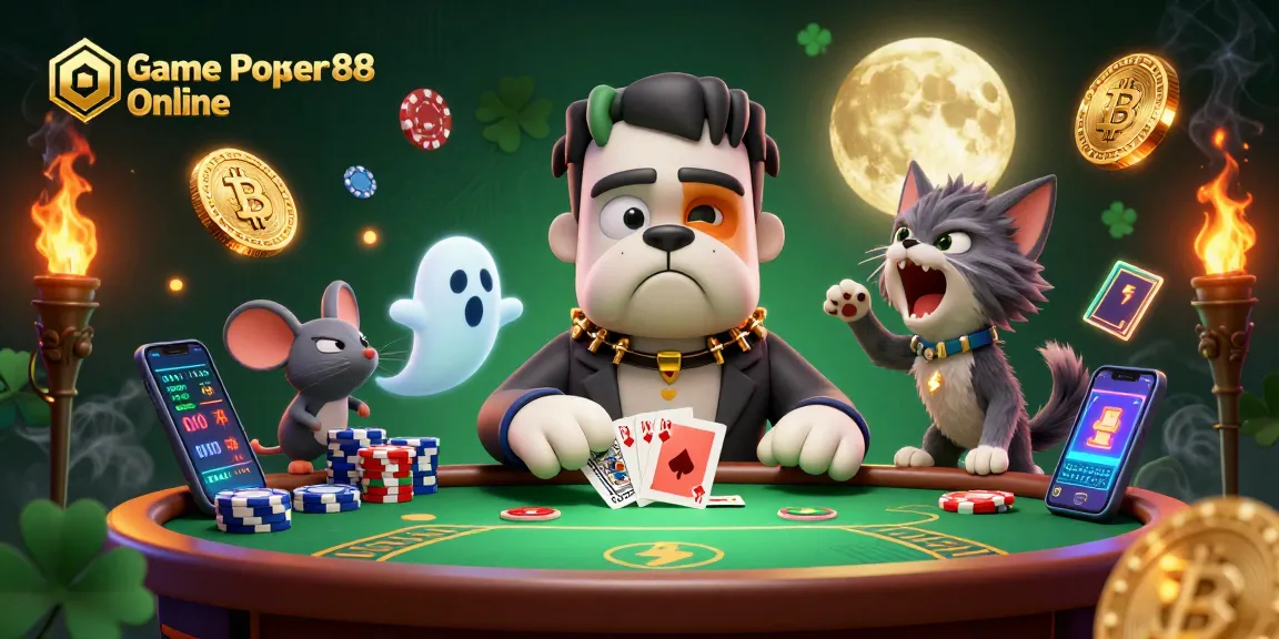 Experience the excitement of Game Poker88 Online with a whimsical digital poker illustration featuring a bulldog dealer.