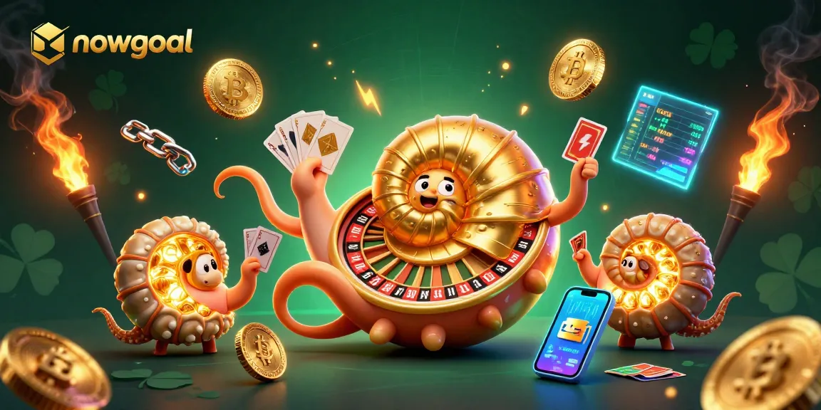 Experience nowgoal's excitement with a vibrant casino scene featuring a glowing nautilus roulette wheel and cards.