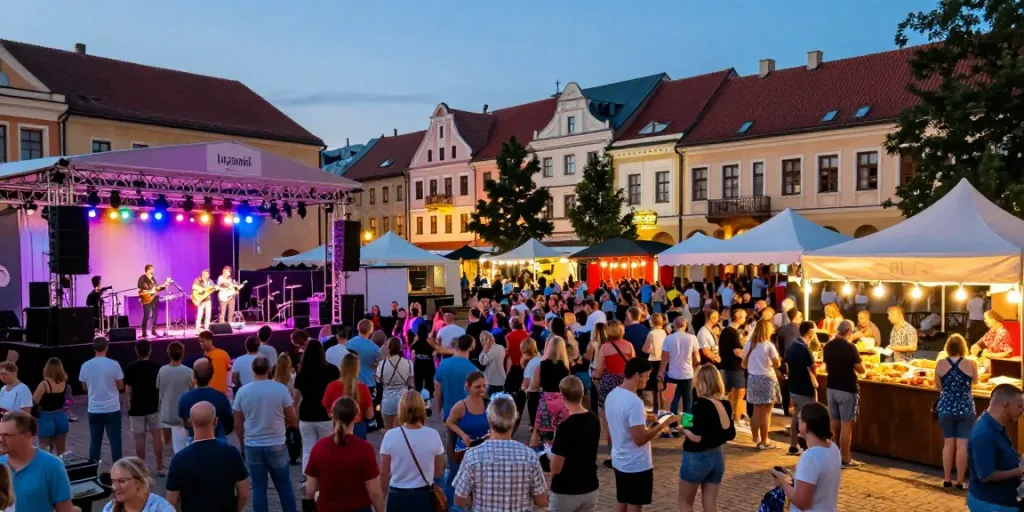 Exciting outdoor concert representing the Lithuania entertainment calendar with diverse crowd and vibrant atmosphere.