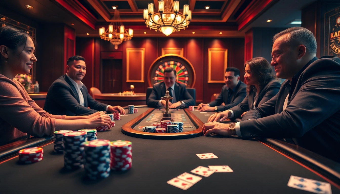 NK88 casino scene with players at a poker table, vibrant chips, and roulette wheel.