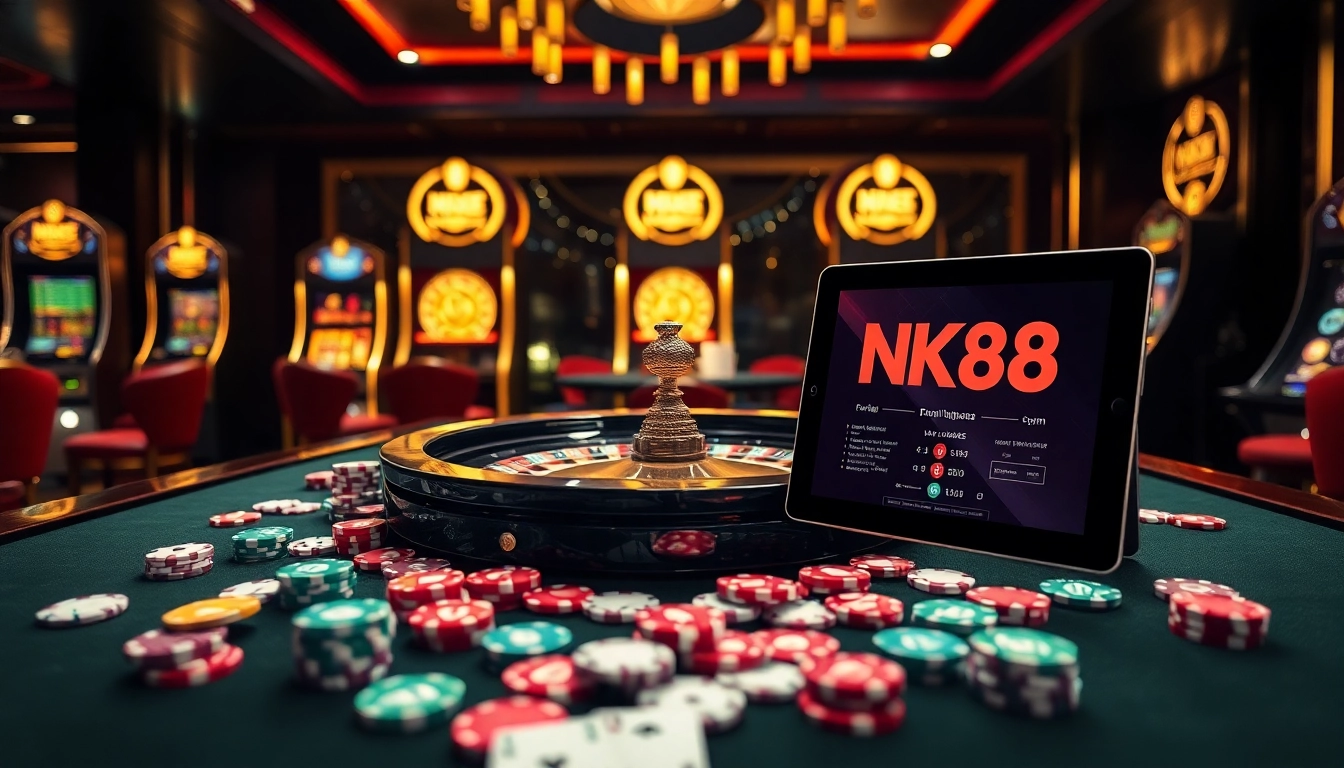 Gambling at the lively NK88 casino with roulette and poker elements in an elegant setting