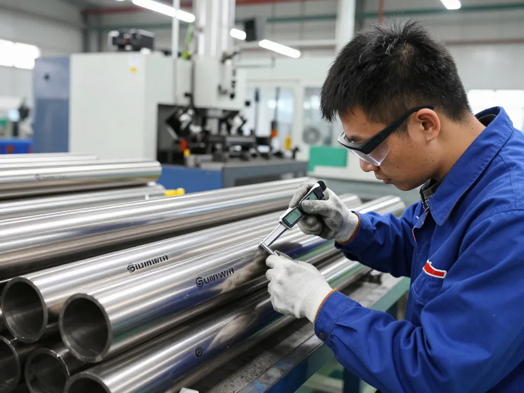 Technician inspecting SUMWIN stainless steel pipes in a bright manufacturing facility, ensuring quality control and precision.