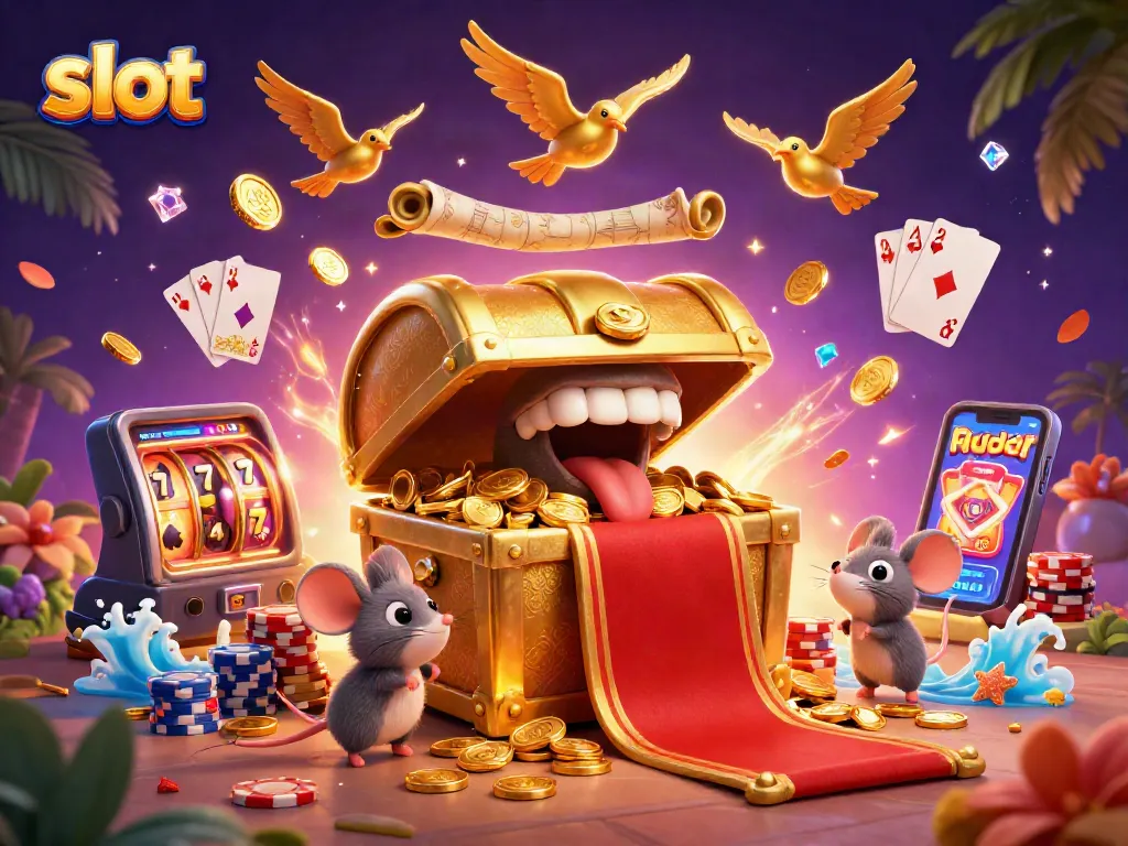 Slot bertema ilustrasi 3D menampilkan karakter peti harta karun dan elemen kasino menarik lainnya.