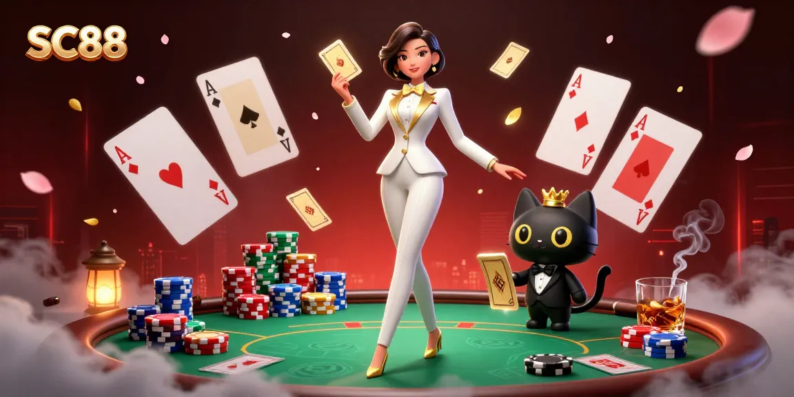 Experience SC88 poker extravaganza with a glamorous dealer and playful cat at the table.