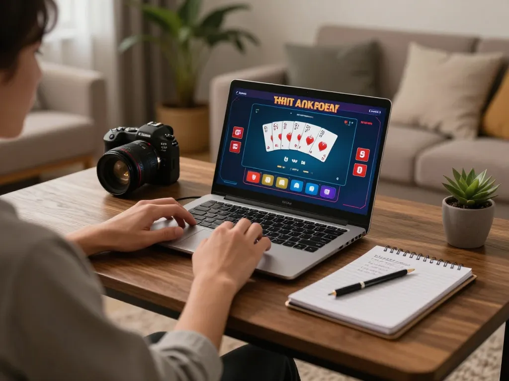 O8 user strategically engages in online poker gaming from home, showcasing a personal and responsible gaming environment.