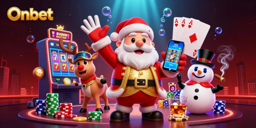 Onbet showcases a festive 3D illustration of Santa and friends in a vibrant casino scene.