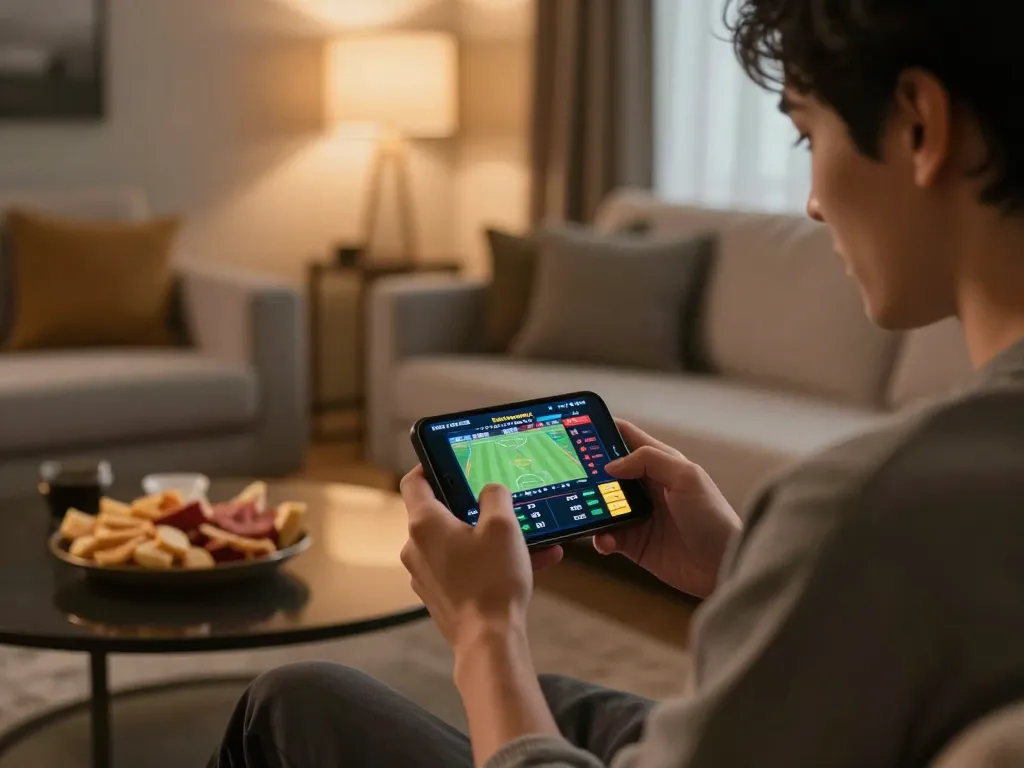 Engaging in online betting with FIVE88 using smartphone in a cozy living room.