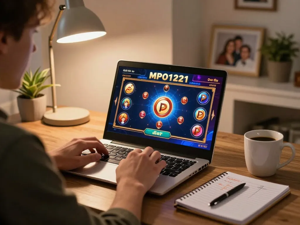 Pemain MPO1221 mengalami permainan slot online yang mendebarkan di rumah dengan laptop dan catatan taruhan.