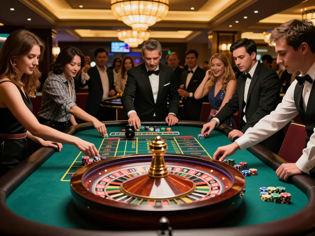 Watch players engage in high-stakes betting at Tempo123 roulette table in a vibrant casino atmosphere.