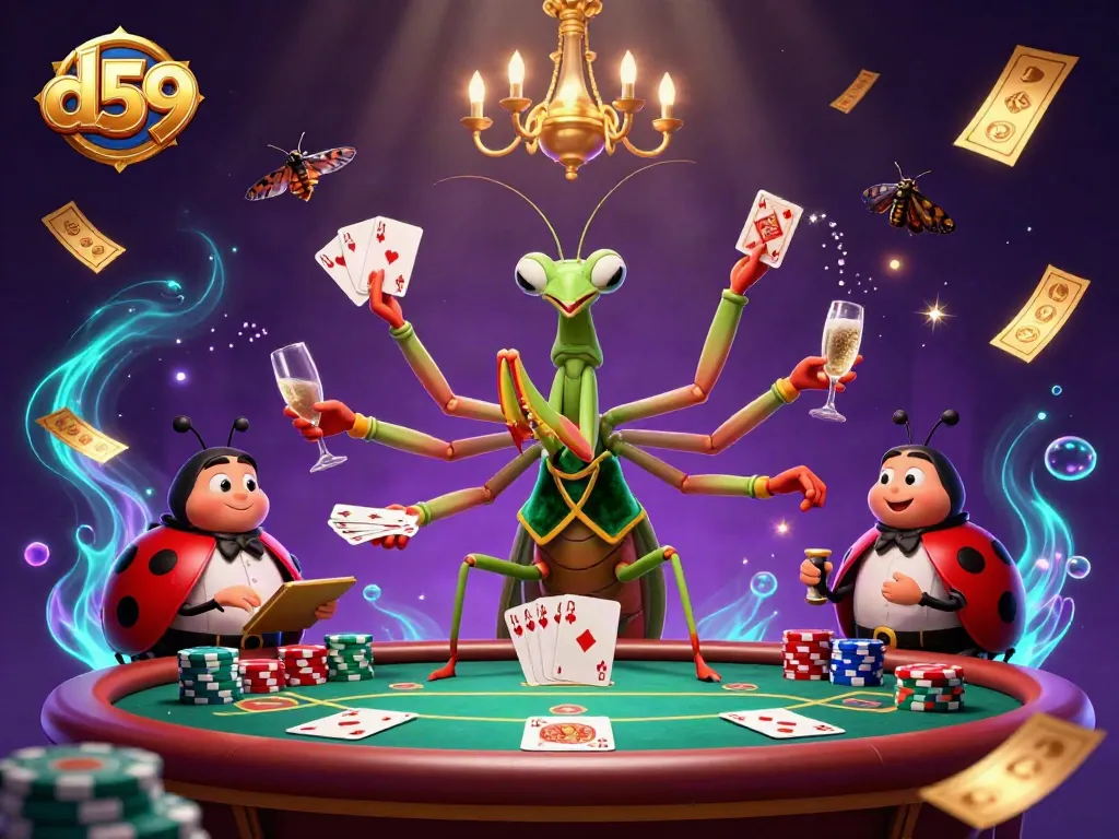 Experience thrilling gameplay at d59 with a giant praying mantis card sharp, ladybug pit boss, and dynamic casino elements.