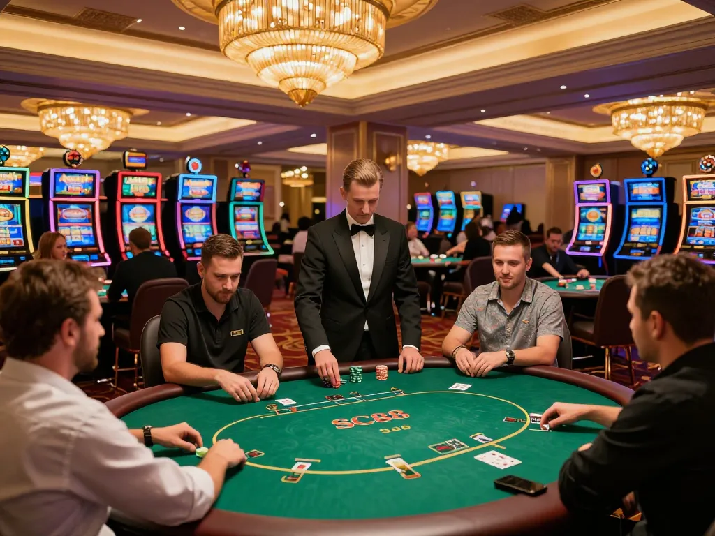 Players enjoying poker games at SC88 Casino's vibrant atmosphere, showcasing strategic gameplay and excitement