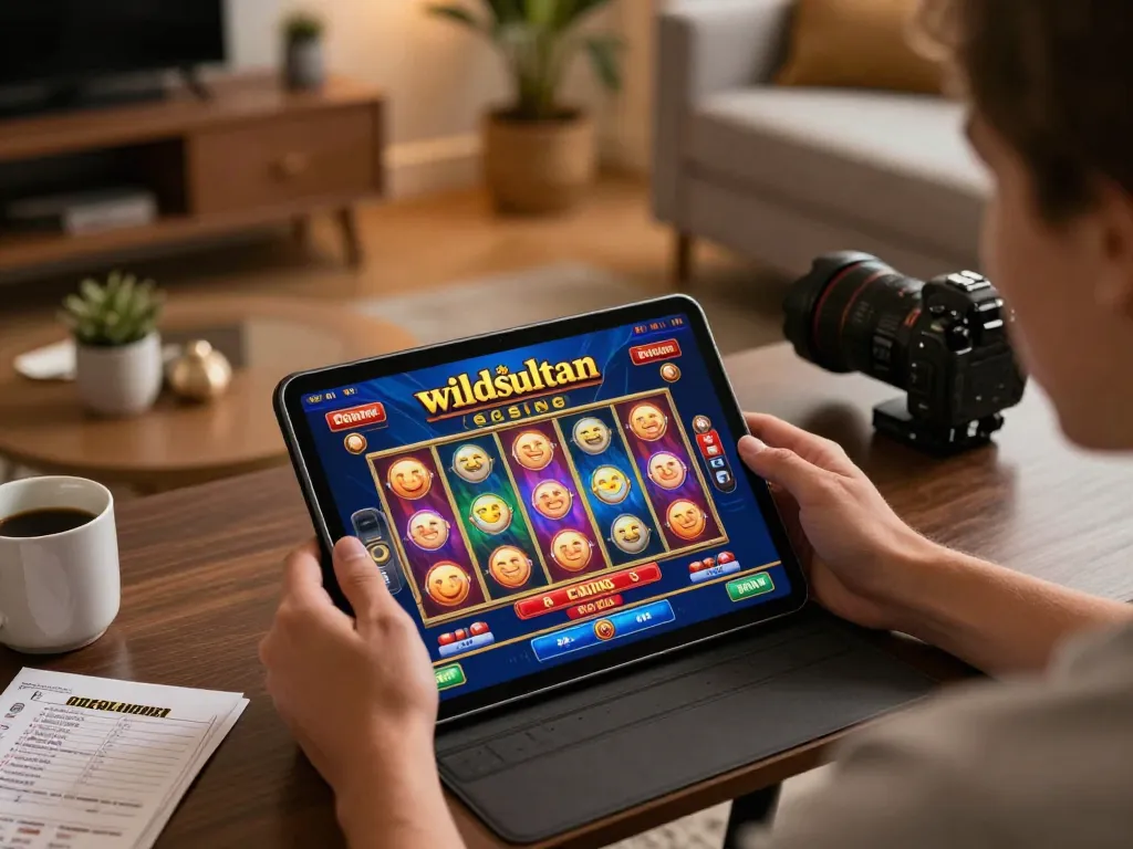 wildsultan player engaging with online slots on tablet in cozy home setup