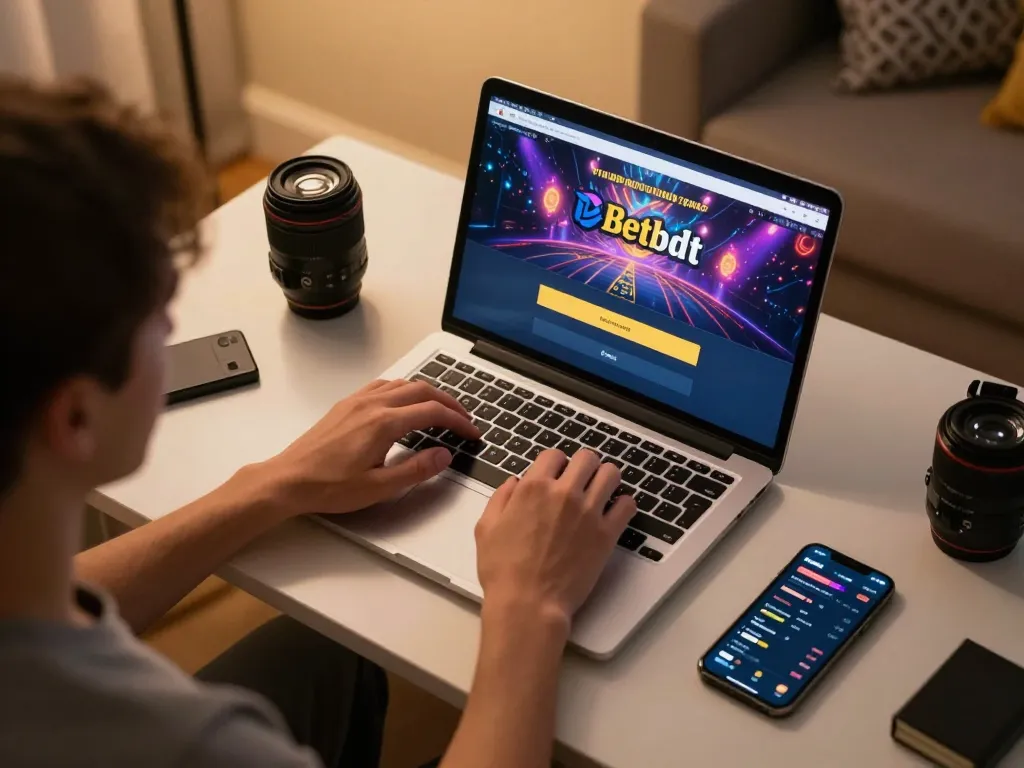 Engage in Betbdt login for online gaming excitement, showcasing vibrant casino interface on laptop.