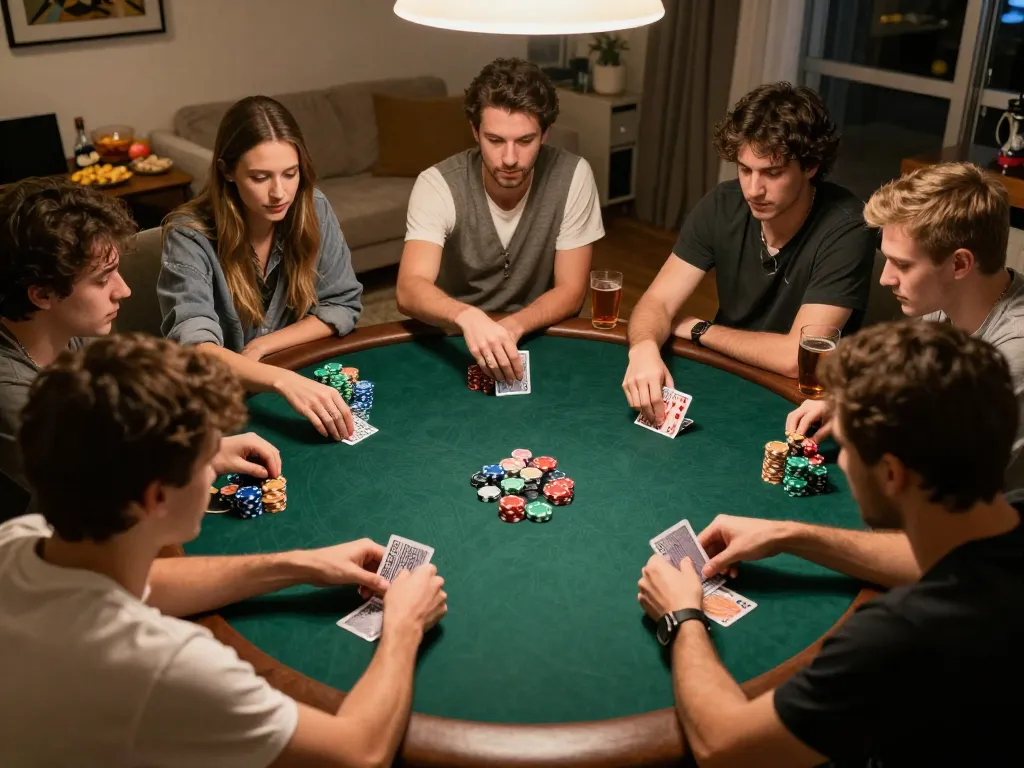 Friends analyzing their strategy in poker during an engaging game at home, highlighting kèo nhà cái elements.