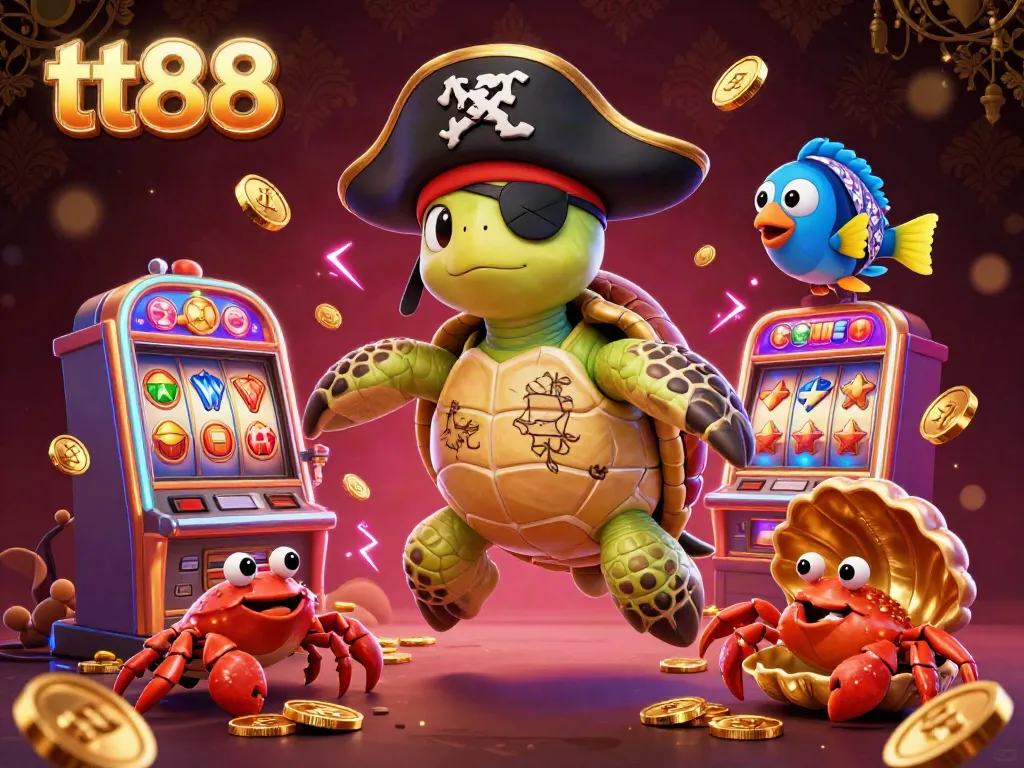 Win big at tt88 with a colorful slot machine scene featuring a pirate turtle, crab, and parrotfish.
