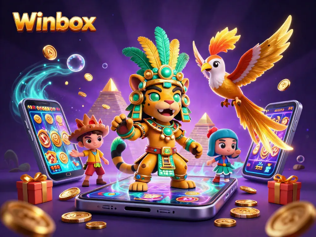Winbox casino illustration showcases a vibrant scene with a Mayan jaguar priest and casino games.