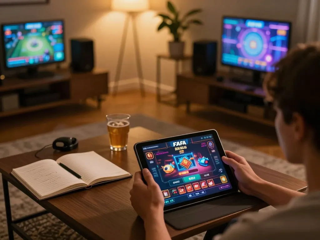 Playing FAFA 828 online casino on a tablet in a cozy home setting with gaming strategies visible
