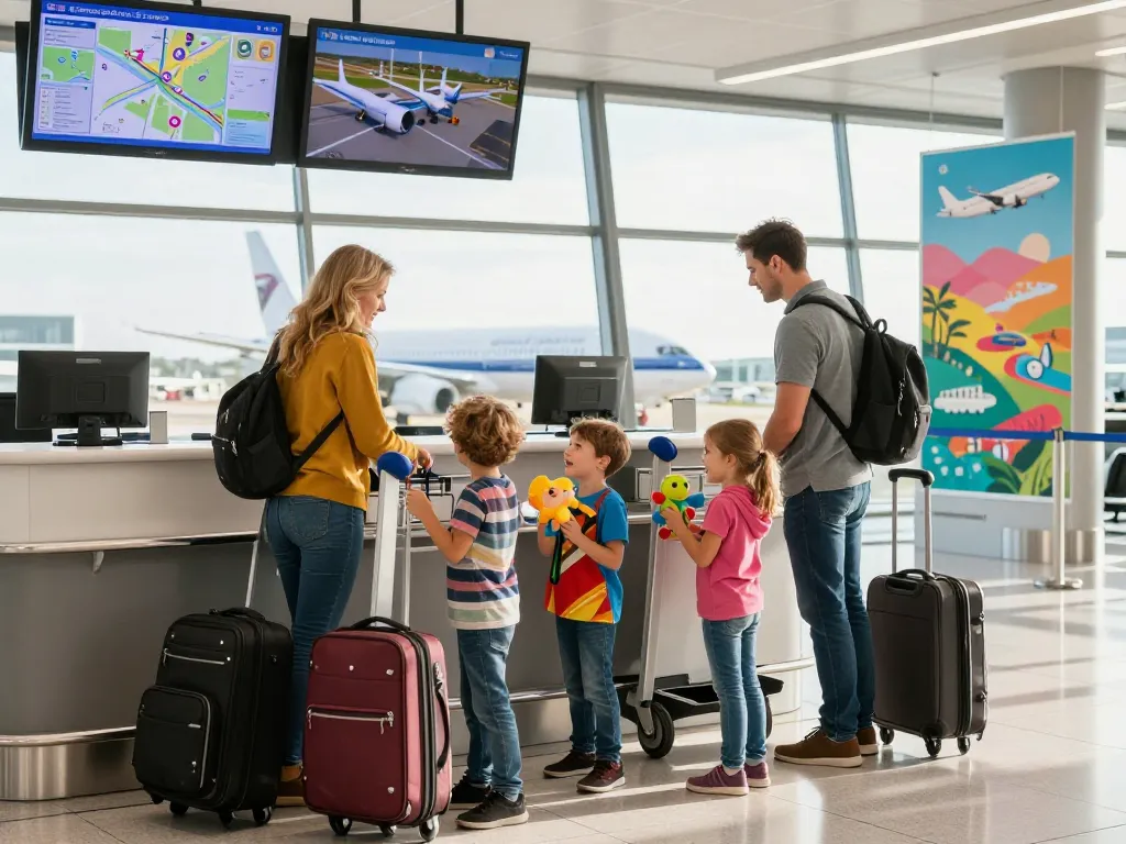 Family excited for their trip at Cardiff Airport from Halifax, with luggage and travel toys.