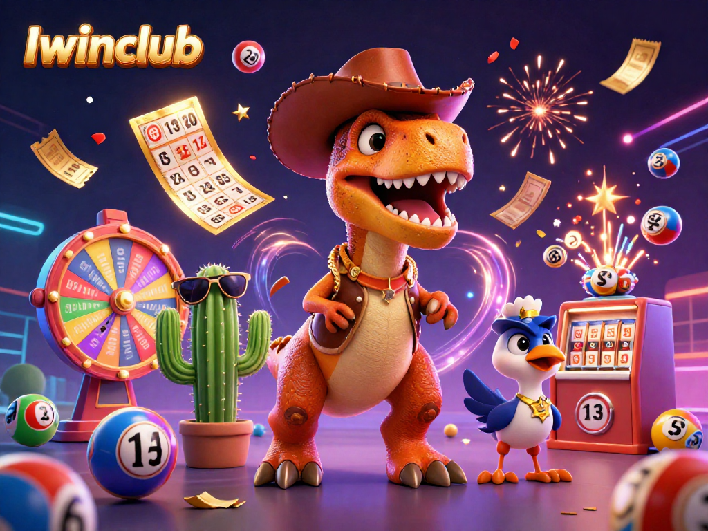 Iwinclub's vibrant scene showcases a T-Rex cowboy, celebrated lottery themes, and dynamic gaming elements.