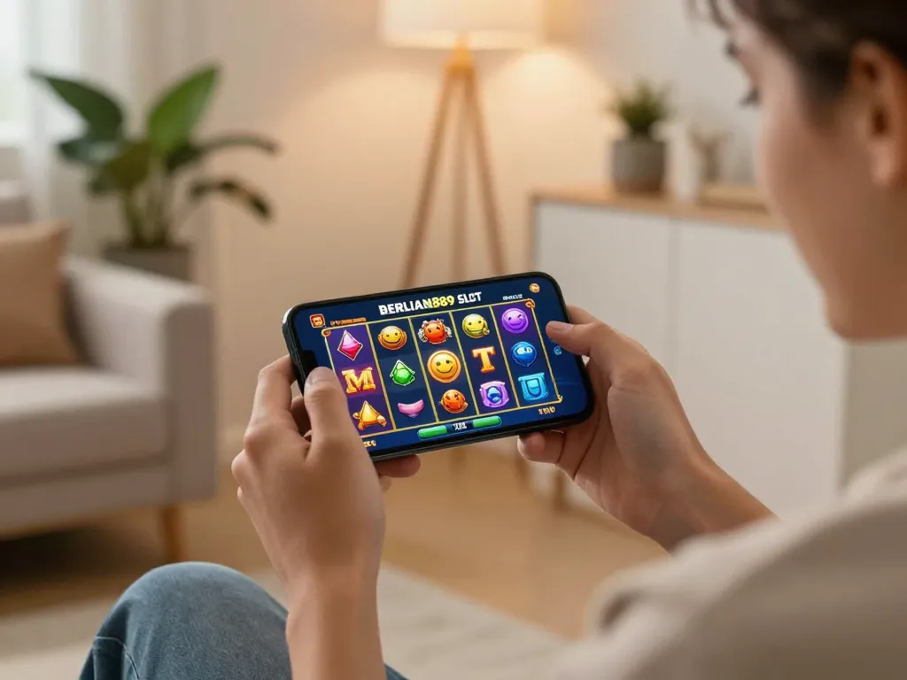 Engaging player celebrating a win on the BERLIAN889 Slot app from the comfort of home.