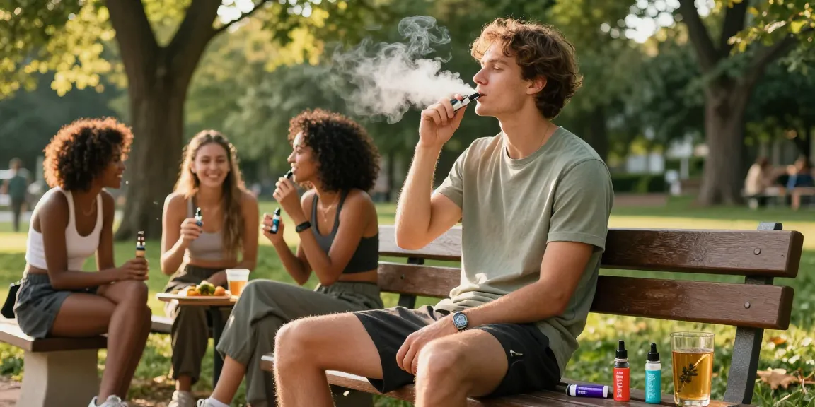 Legal vaping age in Cyprus relaxed environment with individuals enjoying CBD products in park